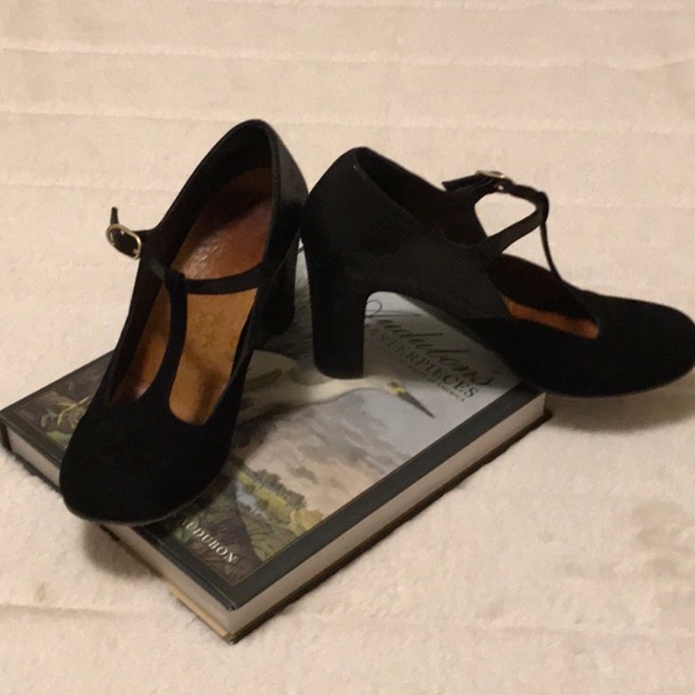 Chie Mihara Black Suede T-Strap Block Heel Pumps